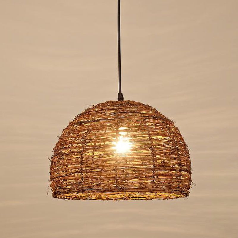 Brown Geometry Suspension Lamp Rustic Single Rattan Hanging Pendant Light for Living Room