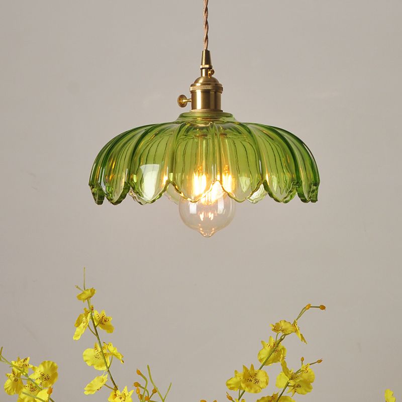 Green Glass Scalloped Shade Pendant Retro 1 Bulb Open Kitchen Hanging Ceiling Light in Brass