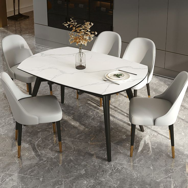 Round Extendable Dining Table Modern Stone Tabletop with Solid Wood Legs