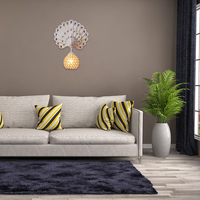 Retro Stylish Global Wall Light Sconce Clear Crystal 1 Light Wall Lamp with Peacock Backplate in Silver/White