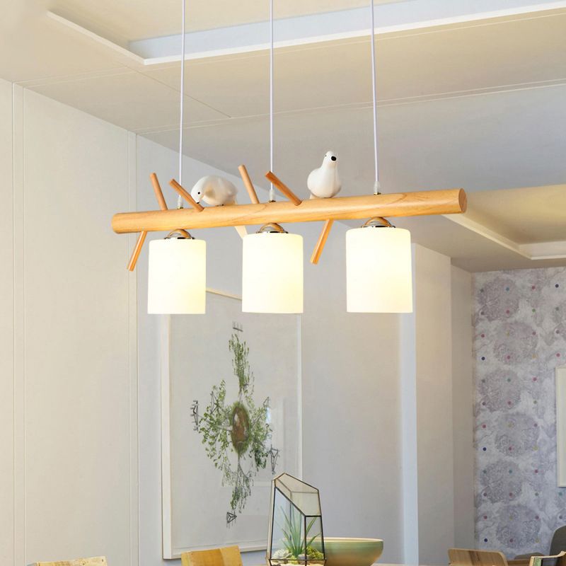 Modern Island Light Wooden Island Hanging Light with Glass Shade for Living Room