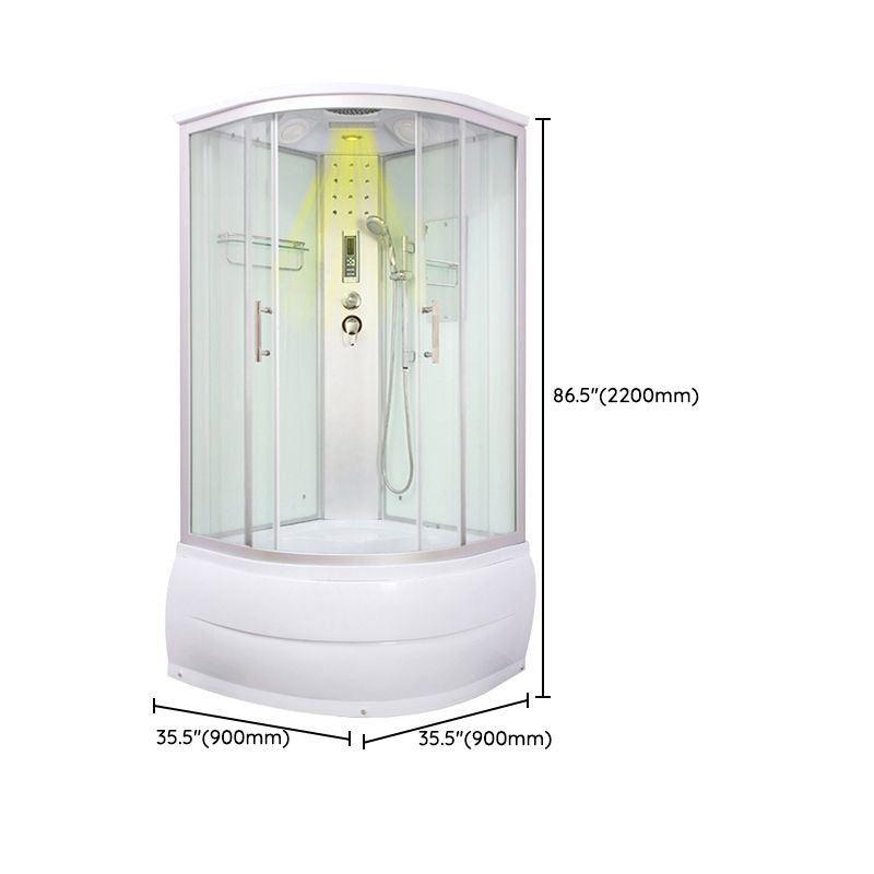 Round Shower Stall Double Sliding Shower Stall with White Base and Rain Shower