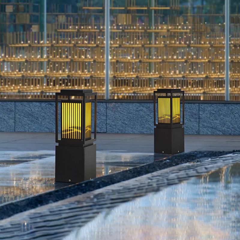 Modern Metal Solar Pillar Lamp Rectangle Shape Outdoor Waterproof Light in Black