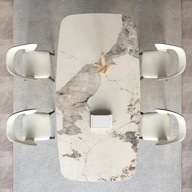 Mesa de comedor contemporánea rectángulo mesa de piedra sinterizada blanca con base de metal negro