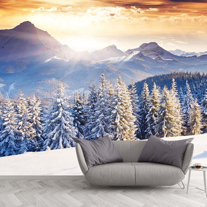 Custom Photography Modern Mural with Sunset at Snowy Pine Forest Pattern in Blue-Brown