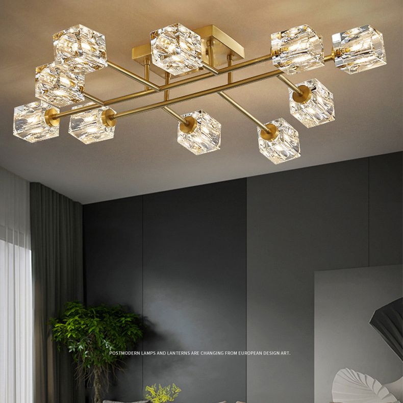 Square Crystal Shade LED Semi Flush Mount in Modern Luxury Style Ceiling Light with Copper Strip