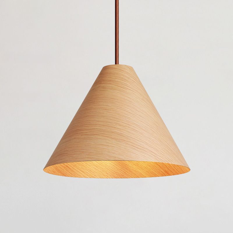 Conical Wooden Pendant Lamp Simplicity 1 Head Beige Hanging Light Fixture for Dining Room