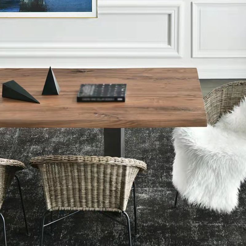 Mesa de comedor rectangular de color madera, mesa de madera maciza de pino, lujo con pedestal doble