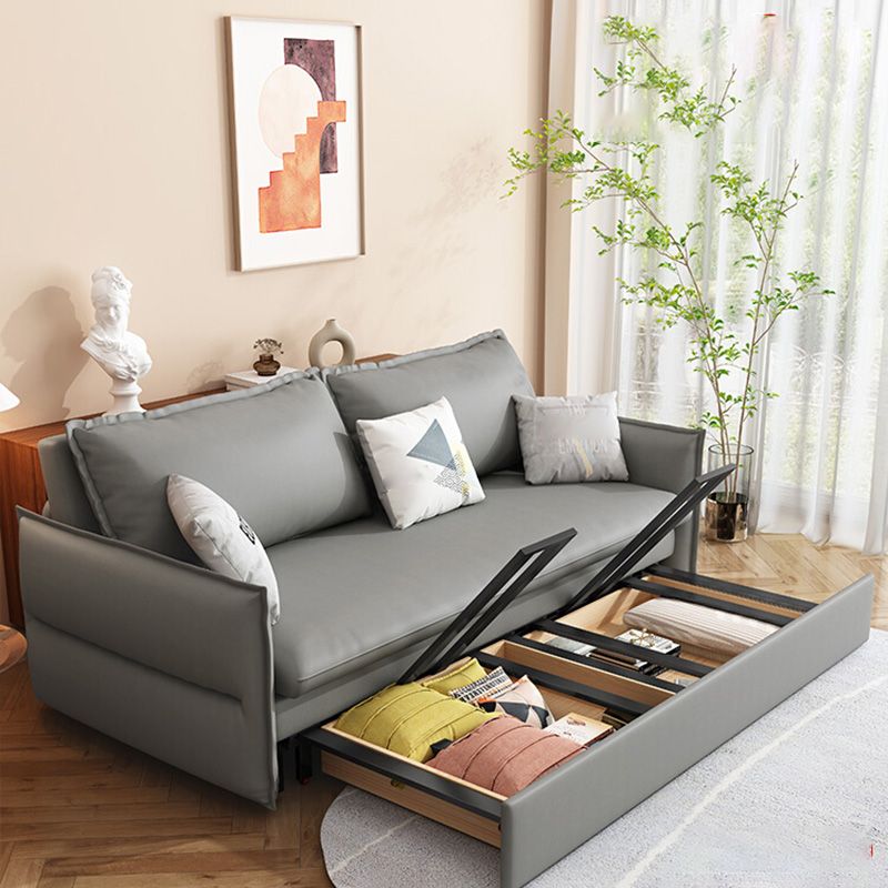 Contemporary Grey Bonded Leather Sleeper Sofa with Storage and Square Arms