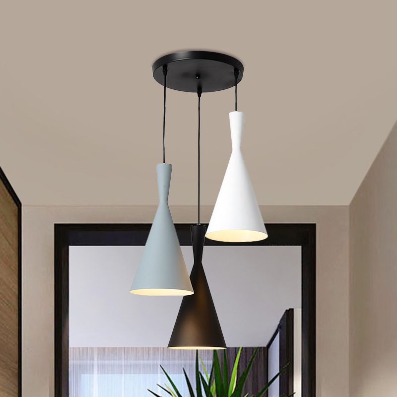 Flared Metallic Pendant Light Contemporary 3-Head Black Hanging Lamp Kit with Round/Rectangle Canopy