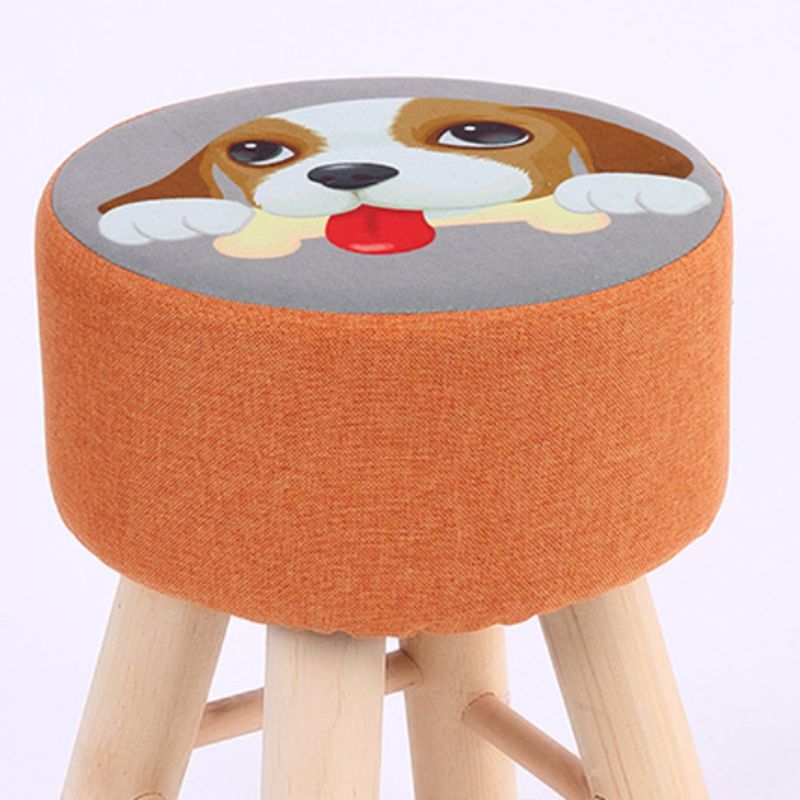 Wool Frame Pouf Stool Contrast Color Round Upholstered Fade Resistant Linen Blend Pouf