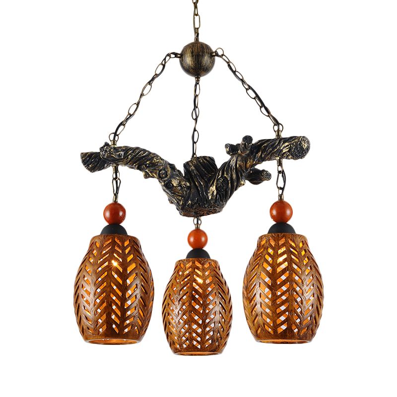 3 Heads Chandelier Lamp Countryside Elongated Dome Wood Pendant Light Fixture in Brown with Resin Branch Beam