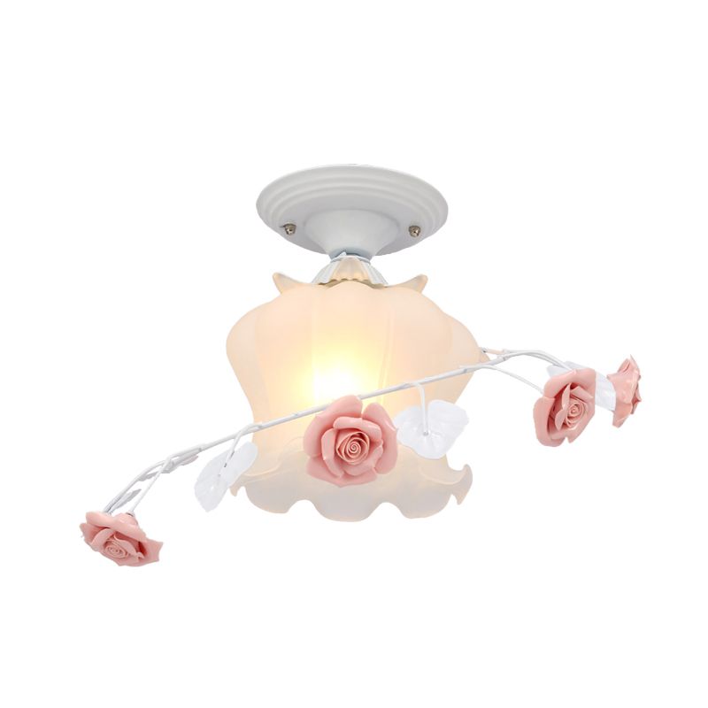 1 Bulb Scalloped Ceiling Flush Mount Traditional White/Green Satin Opal Glass Semi Mount Lighting