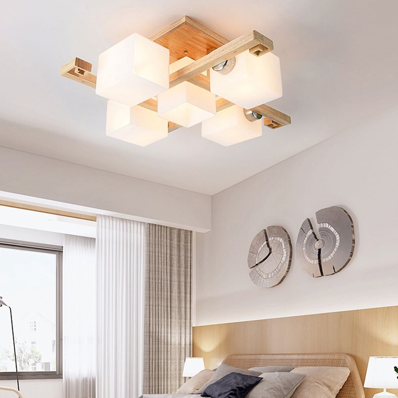 Modern Creative Indoor Semi Flush Mount Wooden Sputnik Ceiling Light with White Glass Shade
