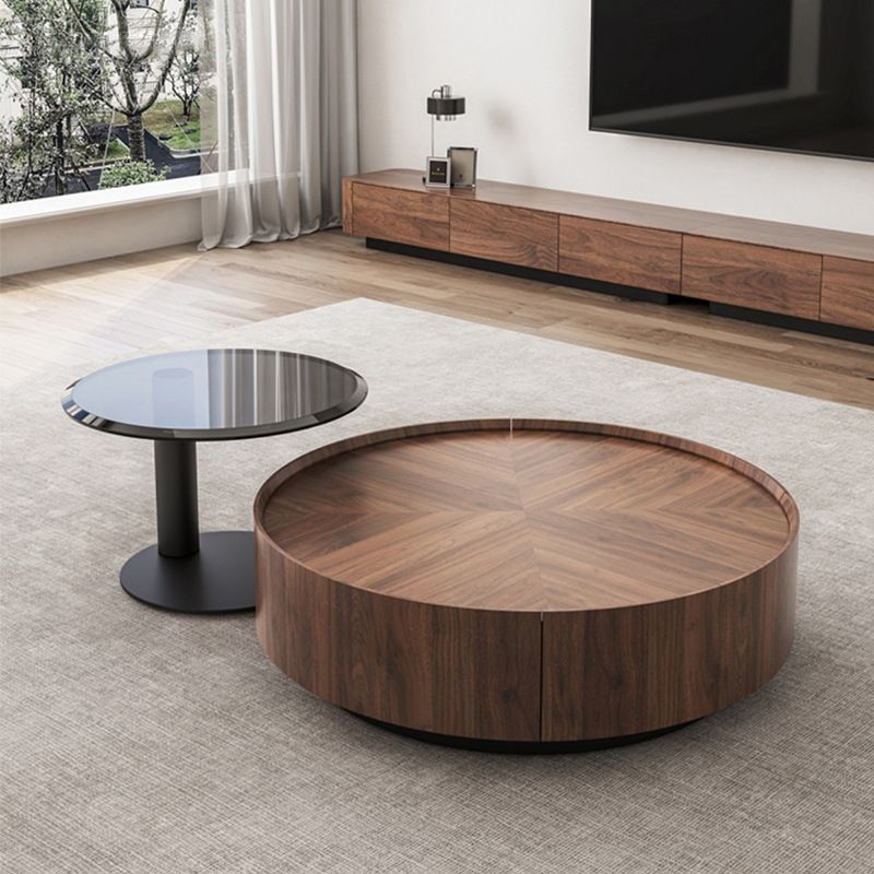 Round Wood Cocktail Table Set with 2 Drawers Modern Walnut Coffee Table