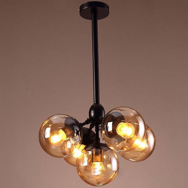 Black Radial Pendant Light in Industrial Vintage Style Wrought Iron Chandelier with Glass Shade