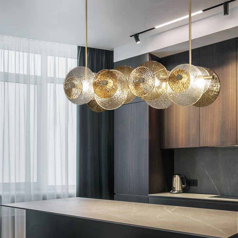 Disc Textured Glass Island Lighting Postmodern 4-Light Brass Suspension Light for Dinner