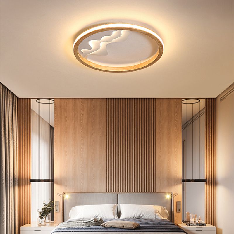 Ring Flush Mount Fixture Modern Wood 13"/15"/21" W LED Beige/White Flush Light for Bedroom, Natural/3 Color/Remote Control Stepless Dimming