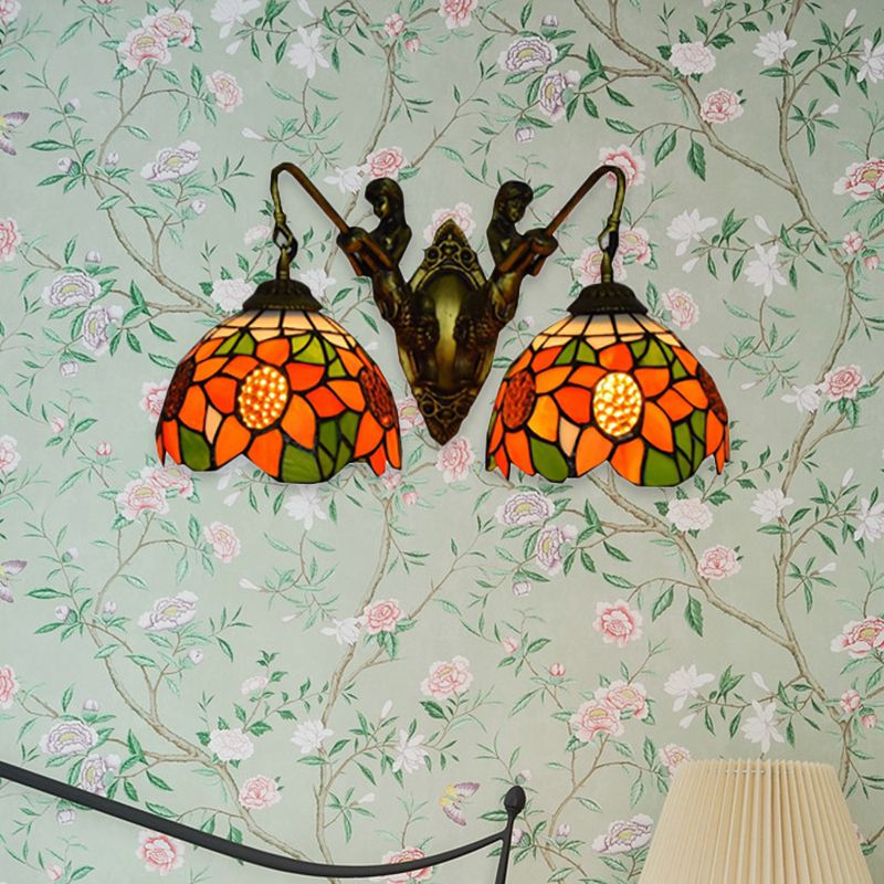 Sunflower Wall Mounted Lamp Tiffany Orange Glass 2 Heads Bedroom Sconce Light in Bronze