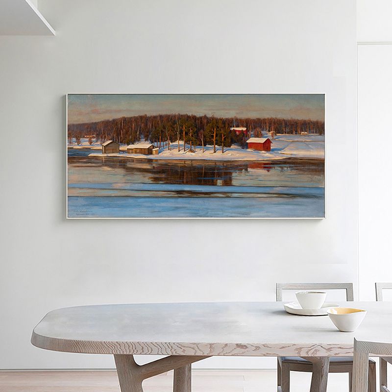 Textured Riverside Forest Landscape Art Canvas Modern Style Wall Print for Guest Room