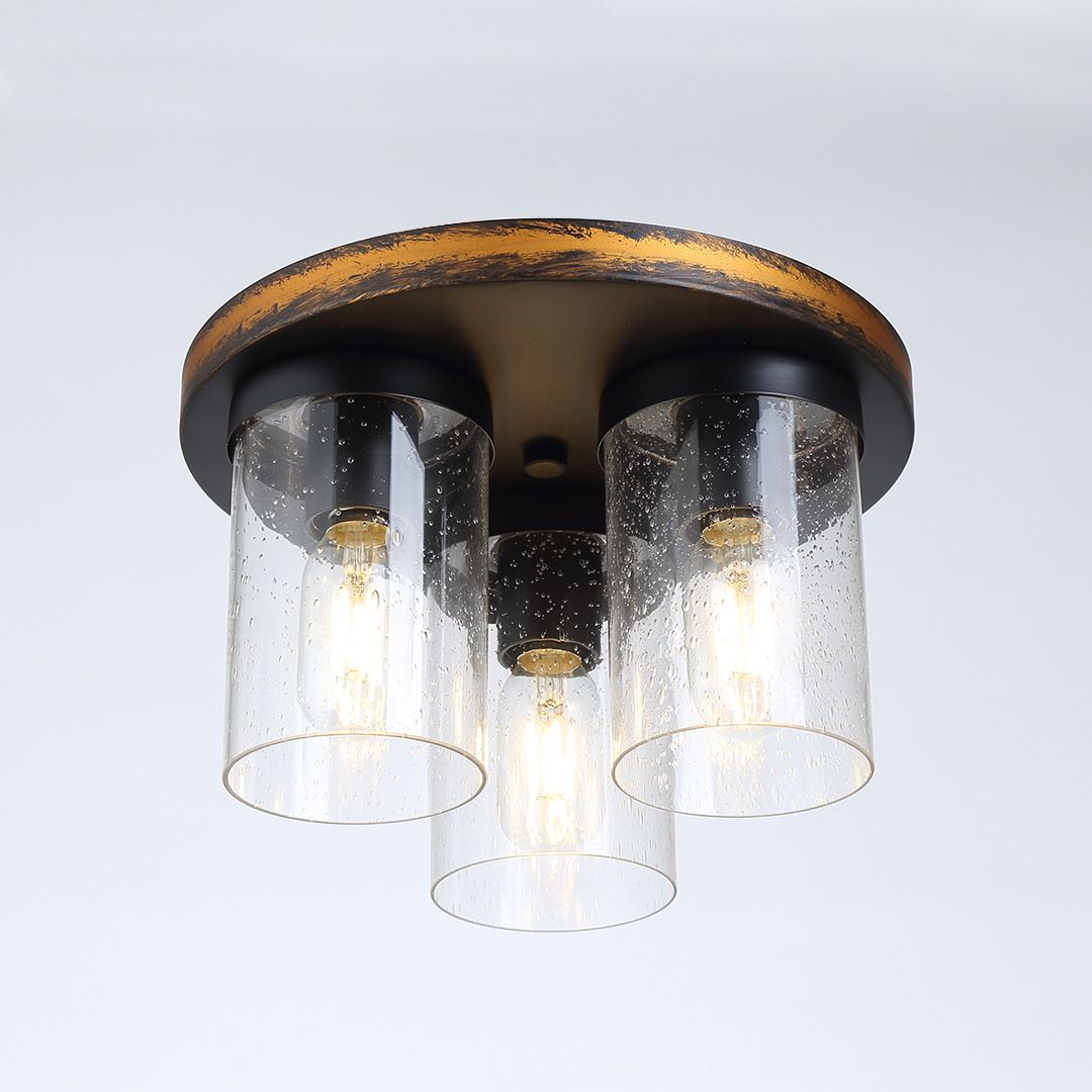 Plafonnier en verre transparent, cylindrique vers le bas, 3 ampoules, éclairage rustique
