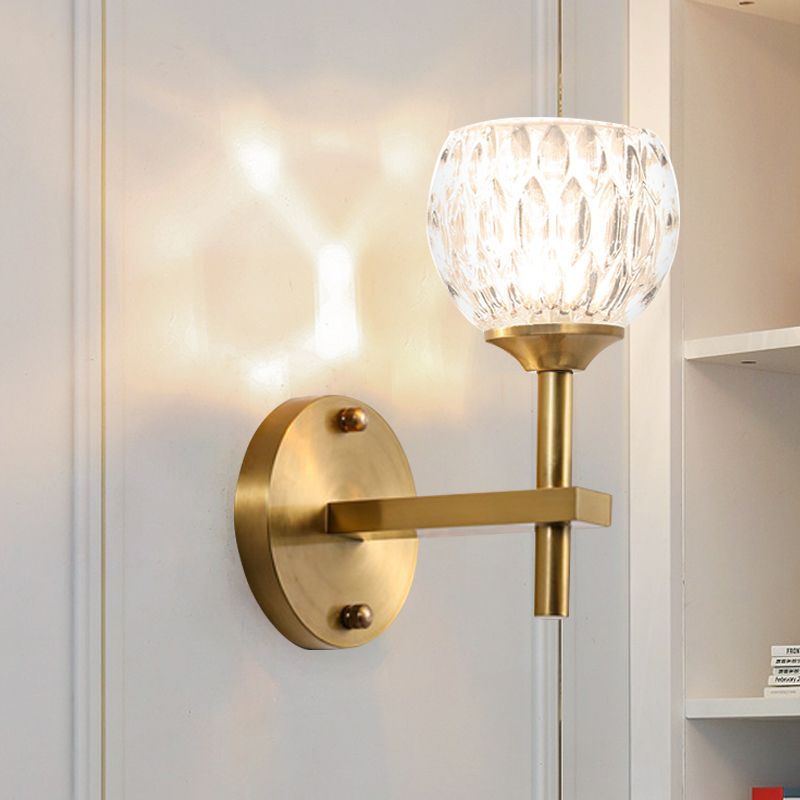 Black/Gold Finish Domed Wall Mount Light Modern Style 1/2-Bulb Clear Dimpled Glass Wall Light for Living Room