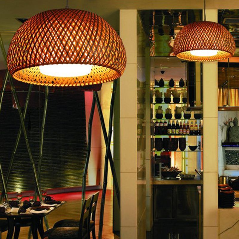 Double-Decker Bamboo Pendant Lights Milk White Glass Shade 1 Light Suspended Light for Restaurant Aisle