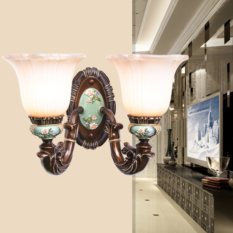 Frosted Glass Brown Wall Light Ridged Bell 1/2-Bulb Rural Wall Sconce Lighting for Guest Room