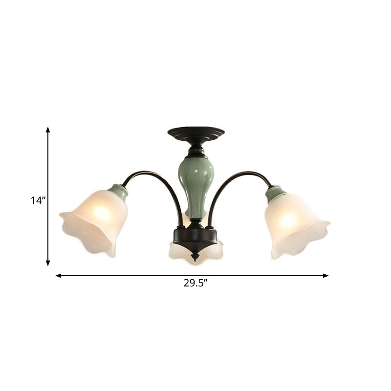 Black Flower Semi Flush Countryside Frosted Glass 3/6/8 Heads Living Room Ceiling Mount with Curved Arm