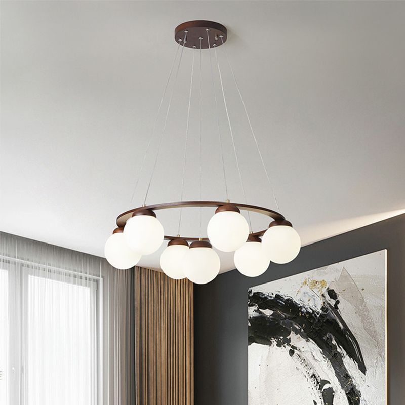 Houten cirkelvormige kroonluchter eenvoud hangend licht met bol wit glazen schaduw
