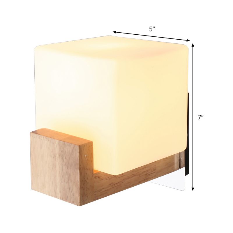 Contemporary 1 Head Sconce Light Wood Square Wall Mounted Lighting with White Glass Shade