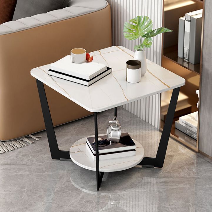 Contemporary Cross Legs End Table Square Slate Top End Table with Shelf