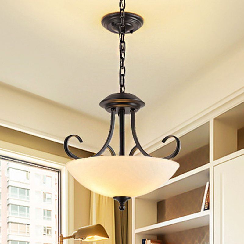 3 Bulbs Bowl Chandelier Light Traditional Black Frosted Glass Hanging Ceiling Fixture