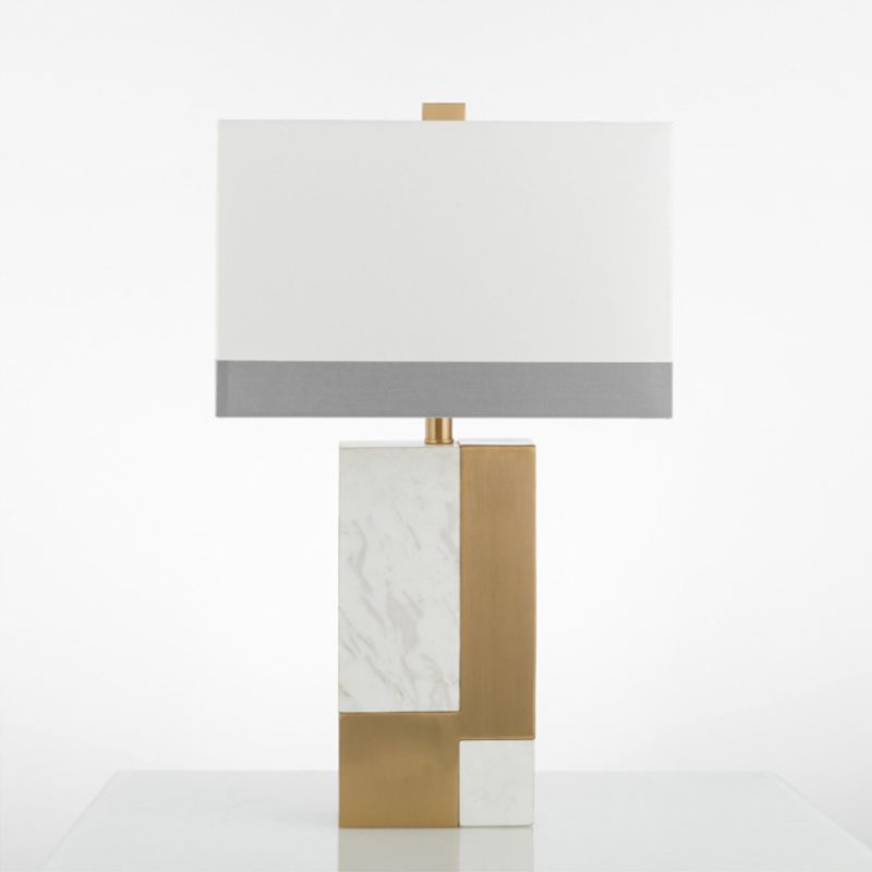Rechthoek Nacht Stand Licht Minimalistisch marmer 1 bol Grijs/Wit en messing Colorblock Tafellamp met stofschaduw