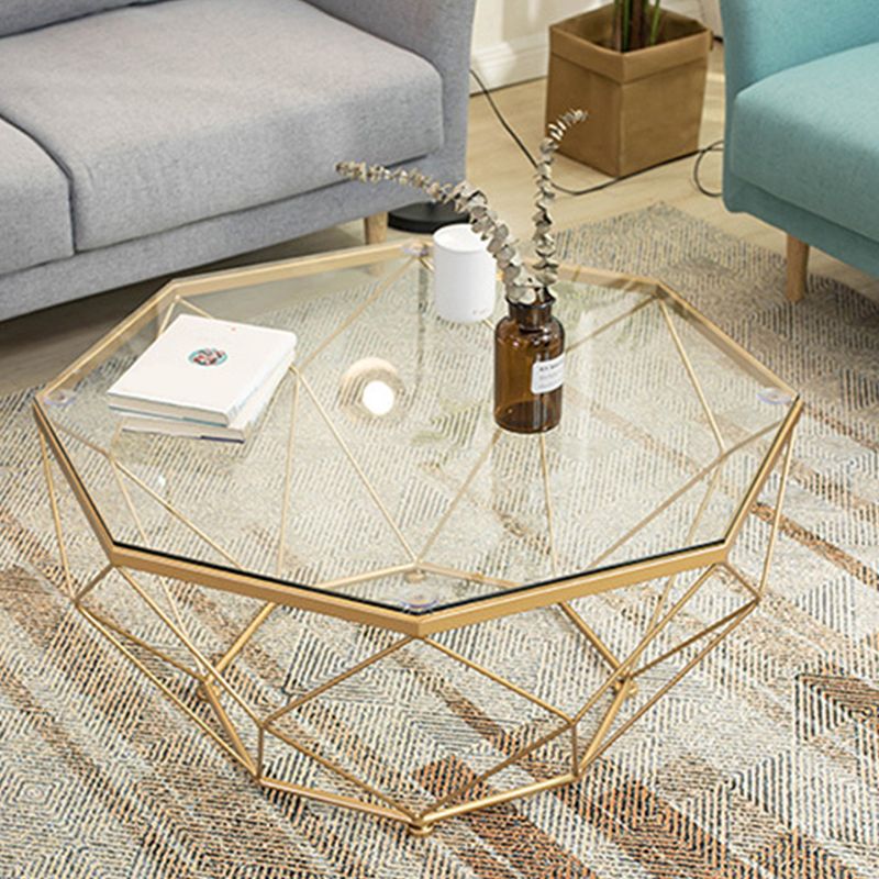 Modern Coffee Table with Glass Top and Iron Frame Base Cocktail Table