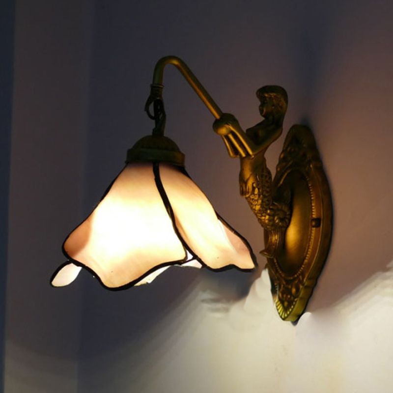 1 Head Petal Wall Mount Lighting Tiffany Blue/Clear/Pink Glass Sconce Light Fixture with Mermaid Backplate