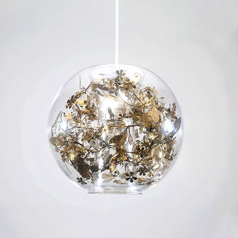 Globe Clear Glass Pendulum Light Modern 1 Head Silver/Gold Ceiling Hang Lamp with Scattered Flower Decor