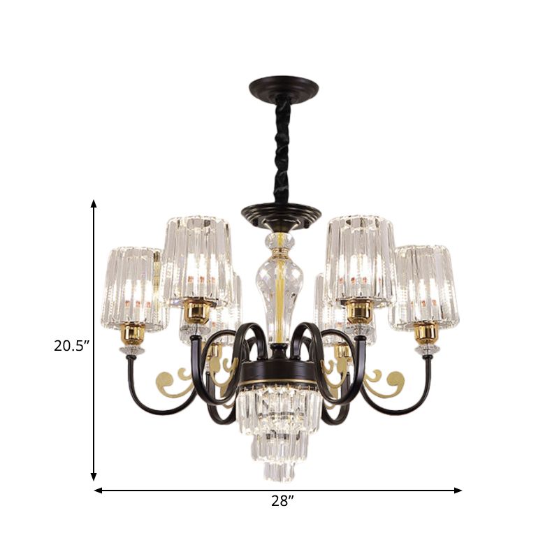 Schwarze 6 Köpfe Kronleuchter hellem modernem Metall, kurviger Armhängeleuchte mit klarem Zylinderschatten