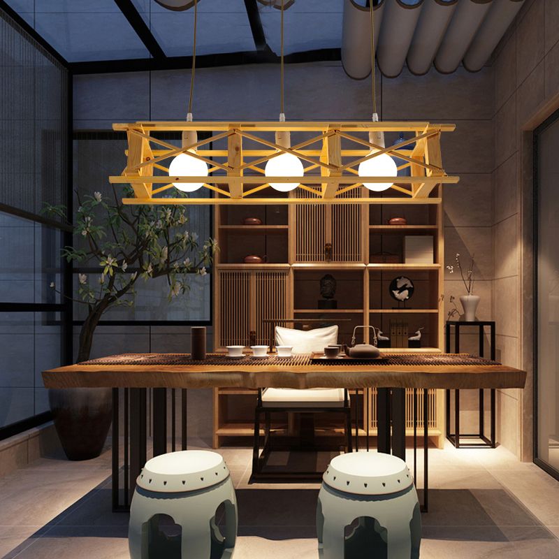 Rectangular Cage Island Lamp Contemporary Wooden Restaurant Hanging Light in Beige