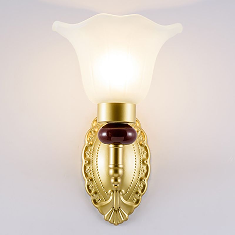 1/2-Head Wall Light Fixture with Petal Shade Opal Glass Vintage Style Bedroom Wall Sconce in Gold