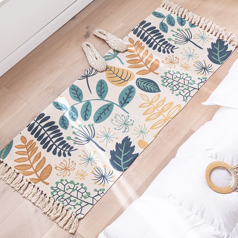 Modern Botanics Print Carpet Cotton Indoor Rug Fringe Pet Friendly Rug for Home Decoration