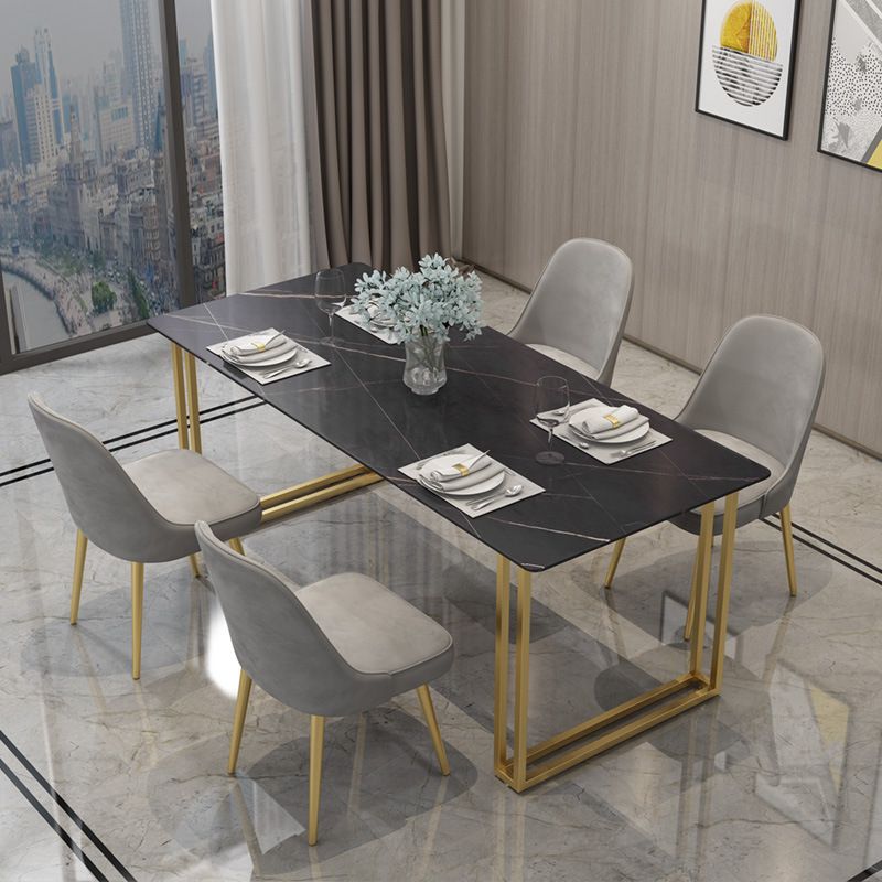 Glam Style Rectangle Stone Table for Restaurant Gold Sled Base Table