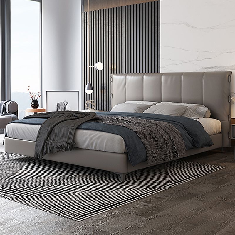 Wooden Modern Grey Bed Frame with Headboard, Genuine Leather Panel Bed