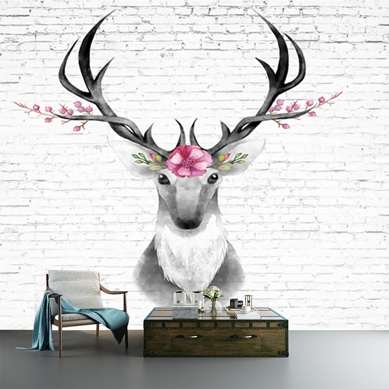 Deer Head and Brick Mural Wallpaper Grey and Pink Art Deco Wall Covering for Bedroom