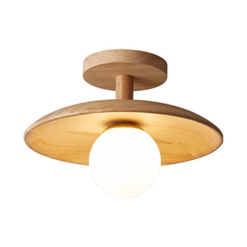 1-Light Ceiling Light Wooden Ceiling Mount Light with Glass Shade for Bedroom