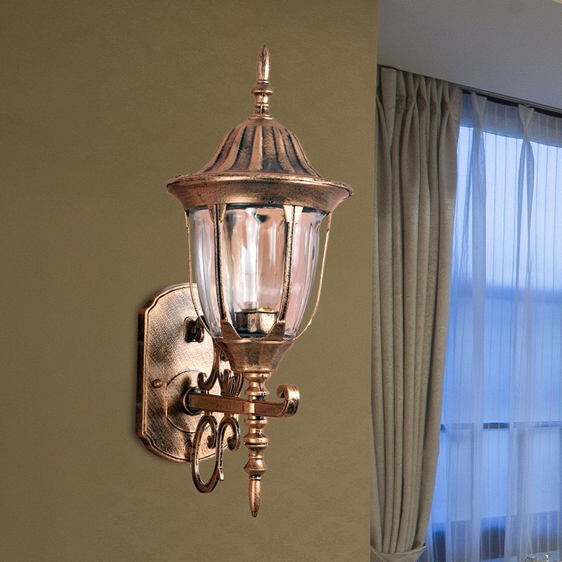 Brass Urn-Like Wall Sconce Lamp Lodges Clear Prismatic Glass 1 Light Outdoor Wall Light Fixture