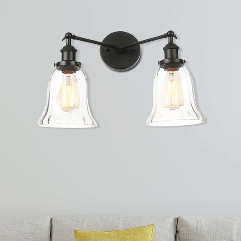 2 Lights Indoor Wall Lighting Industrial Style Black/Chrome/Bronze Sconce with Bell Clear Glass Shade