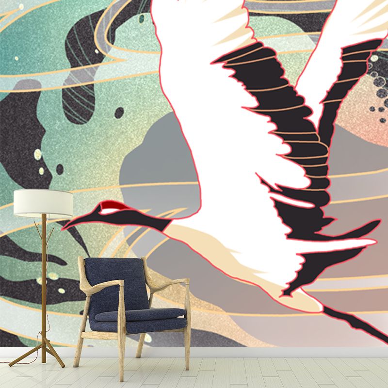 White Halcyon Flying Mural Wallpaper Moisture Resistant Wall Decor for Living Room