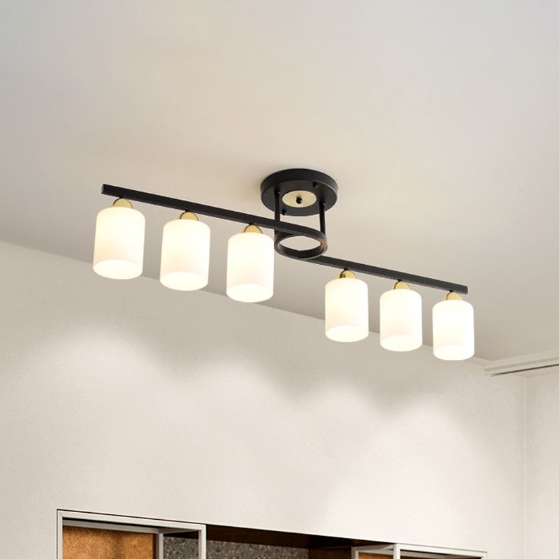 6-Light Living Room Semi Flushmount Modernism Black Ceiling Flush Mount with Cylinder Cream Glass Shade