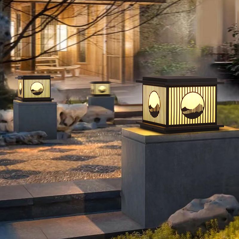 Rectangle Shape Metal Outdoor Lamp Modern Style 1 Light Waterproof Pillar Light in Black